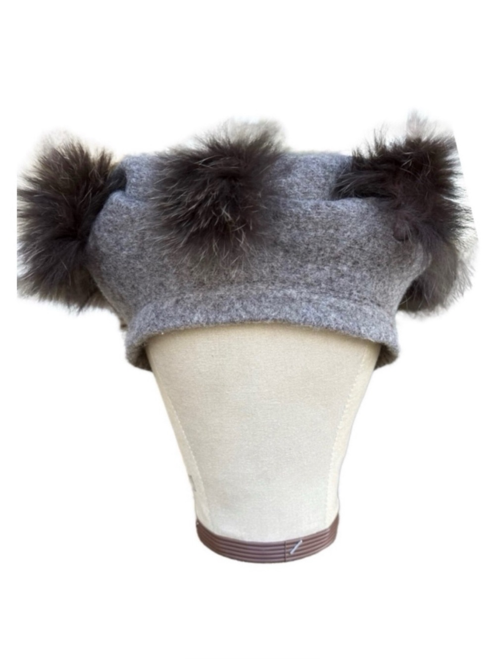 Vintage Brown Felted Wool Beret Hat Real Fox Fur Trim One Size Cloche Slouchy